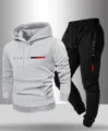 Men's casual pullover hooded sweatshirt and long pants set with modern letter print style. - 2XL / Top And Bottom / Light Gray And Black
