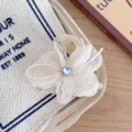 Elegant white fabric flower hair claw clip with pearl chains and blue heart crystal for women. - Apricot
