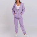 Detailed view of the women's lavender hooded zip-up sweatshirt and casual sweatpants set. - Light Purple