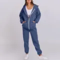 Women casual fleece zip-up hoodie and sweatpants tracksuit set comfortable autumn winter - Navy Blue