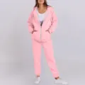Pink hooded zip-up sweatshirt and sweatpants casual tracksuit set for women detail view. - Pink