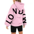 Pink hooded sweatshirt for women, drop shoulder style with stylish black London letter print. - S / Tops / Pink & Black Label