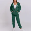 Dark green zip-up fleece hoodie and matching sweatpants tracksuit set for women. - S / Top And Bottom / Green