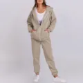 Casual khaki zip-up hoodie and sweatpants set detail, soft fabric texture and relaxed fit. - S / Top And Bottom / Apricot