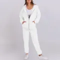 Women white tracksuit set hooded zip up sweatshirt and casual sweatpants comfy loungewear - White