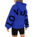 Stylish royal blue women's hooded sweatshirt with bold letter print and comfy drop shoulder. - S / Tops / Blue & Black Label