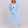 Light blue zip-up hoodie and sweatpants set detail showcasing casual fashion and cozy comfort. - S / Top And Bottom / Sky Blue