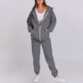 Grey fleece hooded tracksuit detail, casual loose sportswear set, cozy winter outfit. - Dark Gray