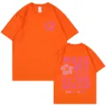 Lebendiges oranges Kurzarm-T-Shirt mit Retro-Meeresstrand-Grafikdruck auf der Rückseite. - Orange