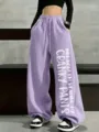 Women's loose wide-leg sweatpants casual purple drawstring trousers with funny slogan print - Light Purple
