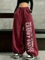 Women's fleece-lined wide-leg sweatpants, high waist drawstring casual pants in burgundy. - Burgundy