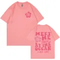 Rosa Baumwoll Kurzarm T Shirt mit Surfer Ozean Grafik Druck für den täglichen Alltag. - Hellrosa