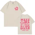 Lässiges beiges Kurzarm T-Shirt mit süßem rosa Blumen Rückendruck und bequemer Baumwolle. - Khaki