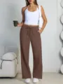 Women's Brown Drawstring Loose Wide Leg Sweatpants Casual Fleece Lined Trousers Daily Wear - Coffee