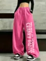 Women pink loose wide leg sweatpants casual drawstring active pants with fun slogan print. - Rose Red