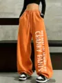 Women orange loose wide-leg sweatpants with slogan print casual drawstring autumn trousers - Orange