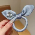Blue satin bow hair tie for girls, elegant rhinestone and pearl scrunchie hair accessory. - Blue Rabbit Ear Hair Tie