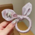 Pink satin hair scrunchie detail, cute bowknot hair tie with pearl and rhinestones for girls. - Pink Rabbit Ear Hair Tie