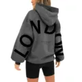 Women's dark gray oversized hoodie with letter print, drop shoulder long sleeve hooded top. - S / Tops / Dark Gray & Black Label