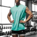 Mens breathable sleeveless gym tank top, loose fit quick dry workout muscle shirt. - Lake Blue