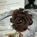 Detail shot of brown organza rose hair claw clip with delicate feathers on a vintage mirror. - 13cm / Coffee