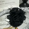 Elegant black organza rose flower hair claw clip with delicate feathers for women styling. - 13cm / Black
