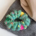 Colorful plush telephone wire hair scrunchie with cute decorative pom poms for women. - Wool Ball-Green