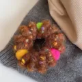 Brown plush hair scrunchie with colorful fuzzy balls, fluffy telephone wire hair tie. - Wool Ball-Coffee
