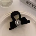 Black velvet bow hair claw clip with crystal rhinestones, elegant hairpin for women styling. - Black