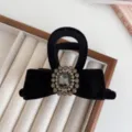 Black velvet rhinestone bow hair claw clip for women, elegant winter hair jaw clip pin. - Gray Rhinestone Style