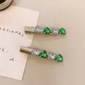 Elegant metal hair clips featuring sparkling green and clear heart rhinestones for women. - Heart Rhinestone Metal Style (3) / 2 Pcs/Set