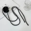 Black fabric rose choker necklace with long tie cord, elegant floral collar jewelry. - Satin Style / Black