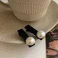 Black fabric pearl hair clips set, elegant side bangs clips, fashion hair accessories for women. - Black Ribbon Large Pearl Pair / 2 Pcs/Set