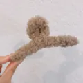 Brown plush hair claw clip, fluffy shark clip for thick hair, cute autumn winter hair accessory. - Khaki