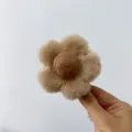 Plush flower hair clip in khaki and brown, soft fluffy hair claw for daily cute styling. - Khaki