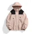 Color-block windproof jacket detail, pink and black stitching, adjustable hood and cuffs design. - S / Tops / Pink