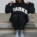 Women black crewneck sweatshirt with letter print for casual daily wear and fashion style. - XS / Top And Bottom / Black with White Text