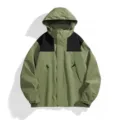 Detailed view of the green and black colorblock hooded outdoor windbreaker jacket. - S / Tops / Army Green