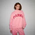 Pink sweatshirt set with red white Parker letter print, casual crewneck style for women detail. - XS / Top And Bottom / Pink with Red Letters