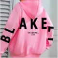 Women's Pink Hooded Hoodie Letter Print Long Pullover Casual Fashion Thick Sweatshirt - Pink
