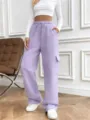Detail view of casual purple cargo sweatpants with drawstring waist and deep pockets. - S / Bottoms / Lavender