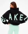 Women casual black hooded sweatshirt with mint green letter print long sleeve pullover top - Black Green Label