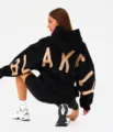 Spring women's black long hooded sweatshirt with statement letter print, casual streetwear. - Black Yellow Label