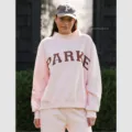 Women pink mock neck sweatshirt and sweatpants set with brown letter print casual outfit. - Cherry Blossom Pink - Coffee / XS