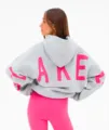Grey pink letter print hooded sweatshirt, casual long pullover hoodie for women active. - Light Gray with Red Label