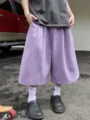 Men's casual solid color loose wide-leg shorts summer streetwear purple seven-quarter pants - Light Purple