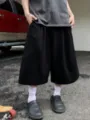 Men's casual loose wide-leg shorts, summer streetwear solid color seven-point pants. - S / Bottoms / Black