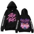 Trendy black hoodie featuring Saja Boys graphic print and long sleeves with Demon Hunters text. - S / Tops / Khaki