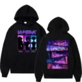 Black graphic hoodie for men and women with anime print front and back casual pullover top - S / Tops / Black