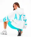 Women casual oversized long hooded sweatshirt with bold teal back letter print for spring. - White with Blue Label